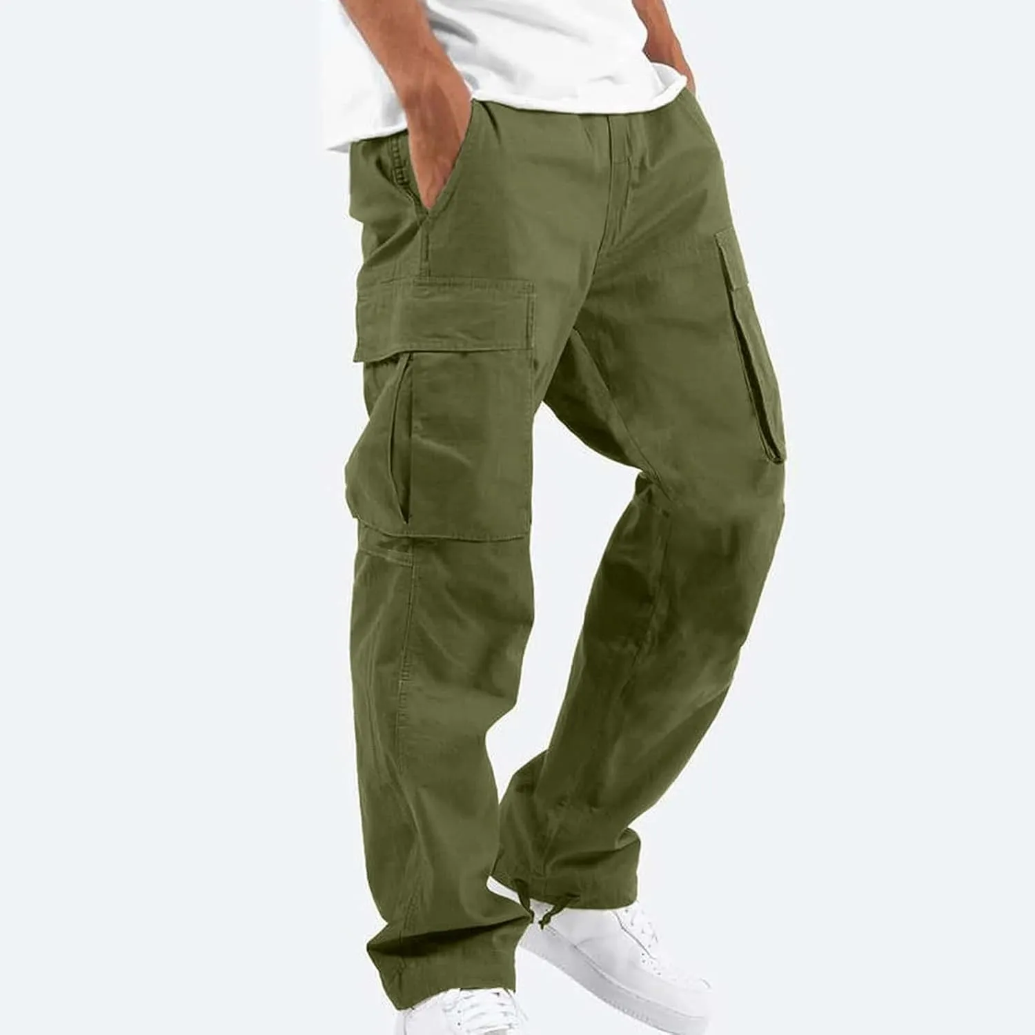 Mens Cargo Pants Casual Drawstring Waist Parachute Pants Baggy Outdoor Adjustable Hiking Pants with Multi Pockets