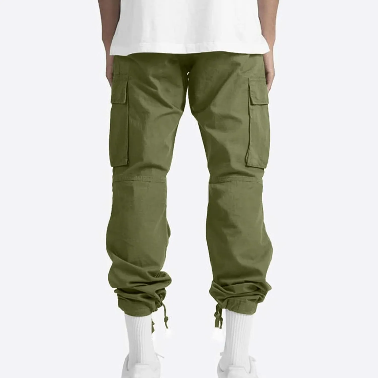 Mens Cargo Pants Casual Drawstring Waist Parachute Pants Baggy Outdoor Adjustable Hiking Pants with Multi Pockets
