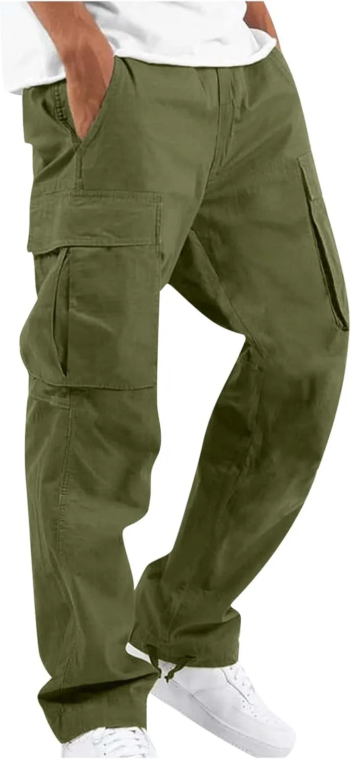 Mens Cargo Pants Casual Drawstring Waist Parachute Pants Baggy Outdoor Adjustable Hiking Pants with Multi Pockets