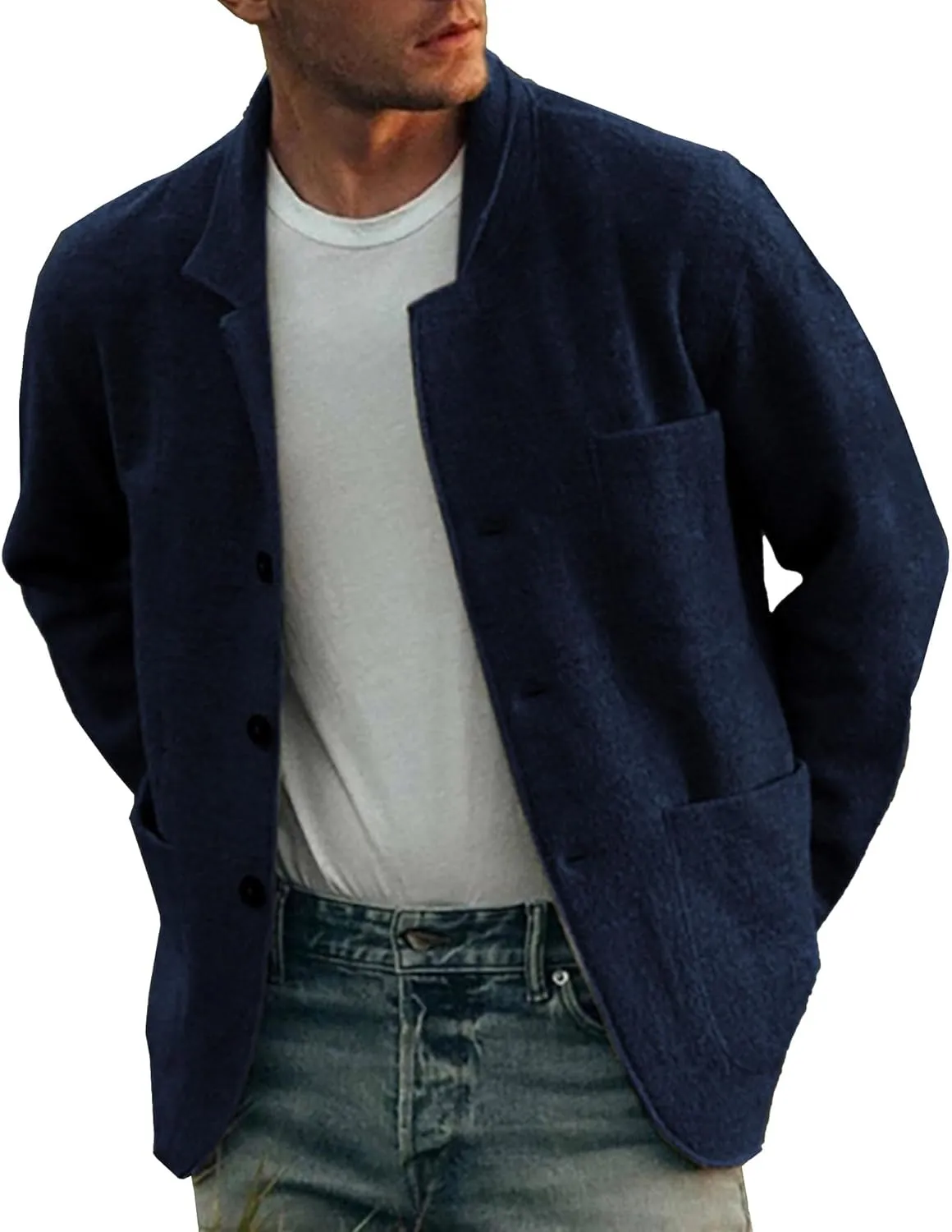 Men's Casual Button Down Cardigan Jacket Stand Collar Pockets Casual Overcoats Loose Fit Solid Wool Trench Coat