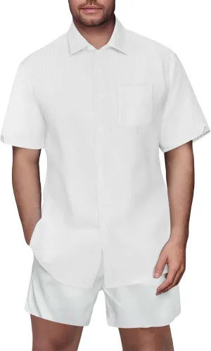 Mens Casual Button Down Shirt Linen Short Sleeve Lapel Collar Hippie Tops 2025 Summer Vacation Beach Blouses Shirts