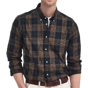 Men's Casual Plaid Slim Lapel Cotton and Linen Long Sleeve Shirt 75956705F