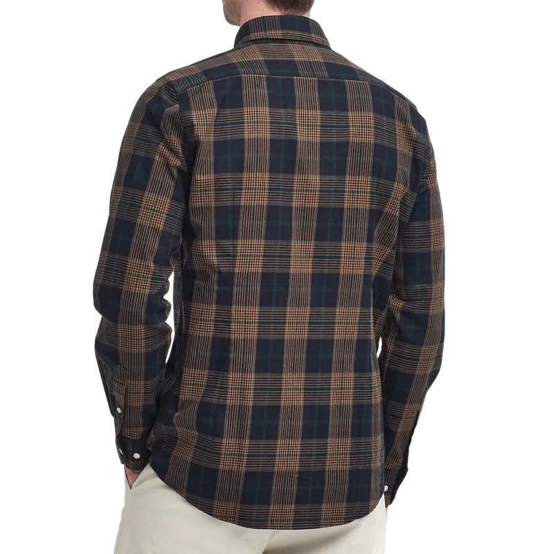 Men's Casual Plaid Slim Lapel Cotton and Linen Long Sleeve Shirt 75956705F
