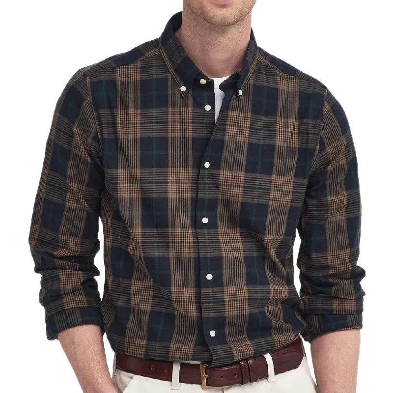 Men's Casual Plaid Slim Lapel Cotton and Linen Long Sleeve Shirt 75956705F
