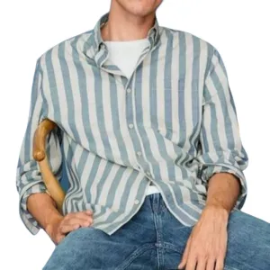 Men's Casual Striped Lapel Cotton and Linen Long Sleeve Shirt 36472245F