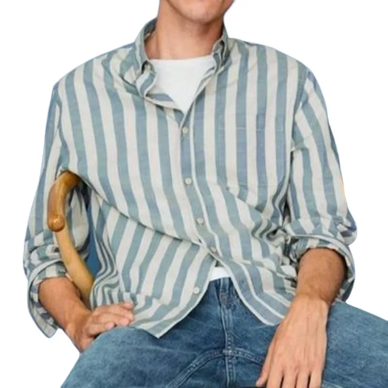 Men's Casual Striped Lapel Cotton and Linen Long Sleeve Shirt 36472245F