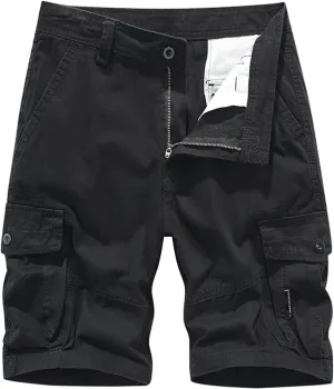 Men's Cotton Cargo Shorts Relaxed Fit Outdoor Casual Hiking Shorts with Multi-Pockets Zipper Tactical Pants No Belt Black 31