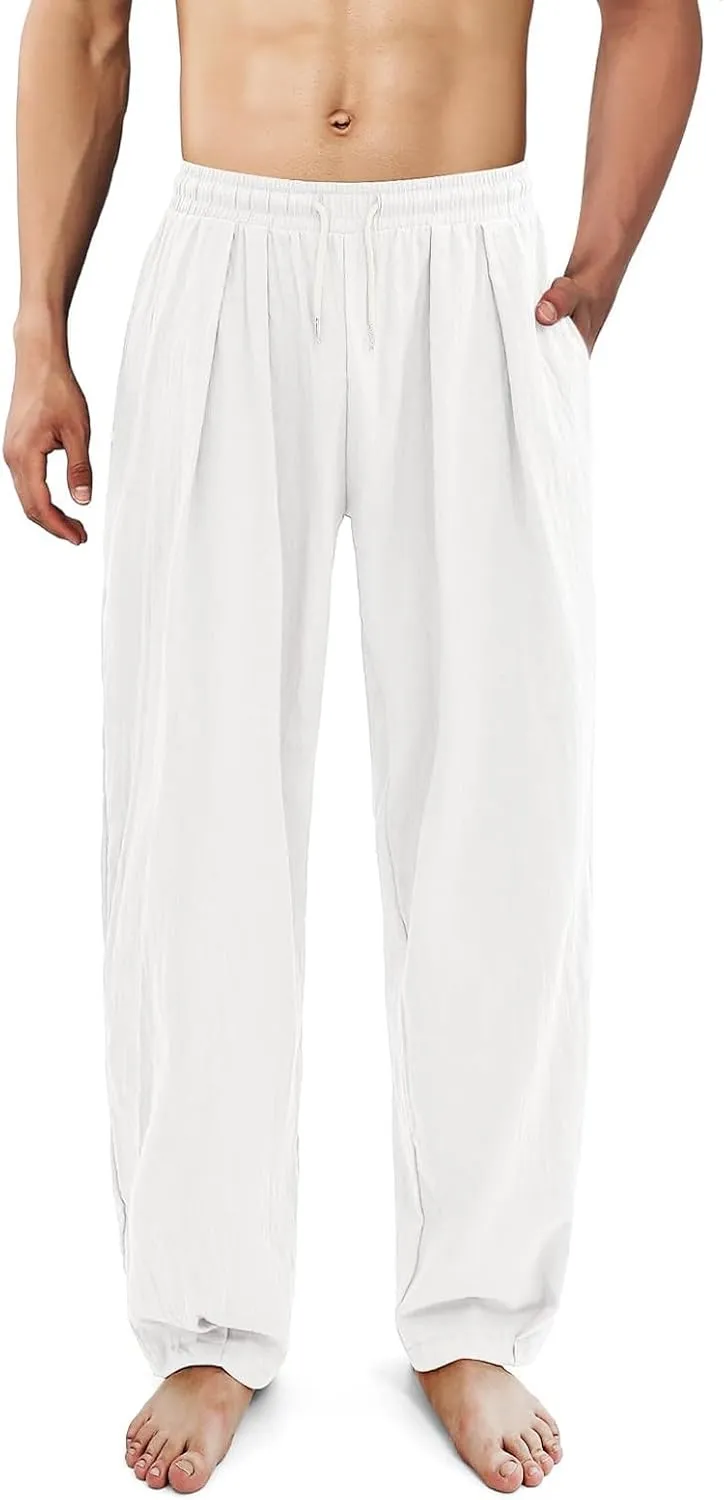 Mens Cotton Linen Drawstring Pants Elastic Waist Casual Jogger with Pockets Loose Fit Summer Yoga Pants for Men