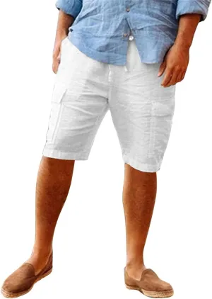 Mens Cotton Linen Shorts Casual Drawstring Elastic Waist Summer Shorts Lightweight Beach Travel Cargo Short Pockets