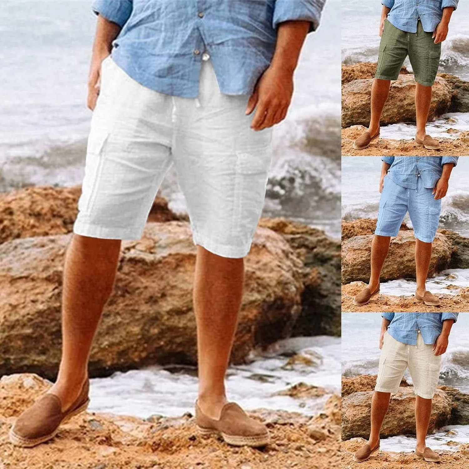Mens Cotton Linen Shorts Casual Drawstring Elastic Waist Summer Shorts Lightweight Beach Travel Cargo Short Pockets