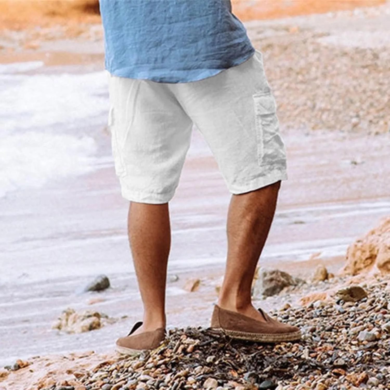 Mens Cotton Linen Shorts Casual Drawstring Elastic Waist Summer Shorts Lightweight Beach Travel Cargo Short Pockets