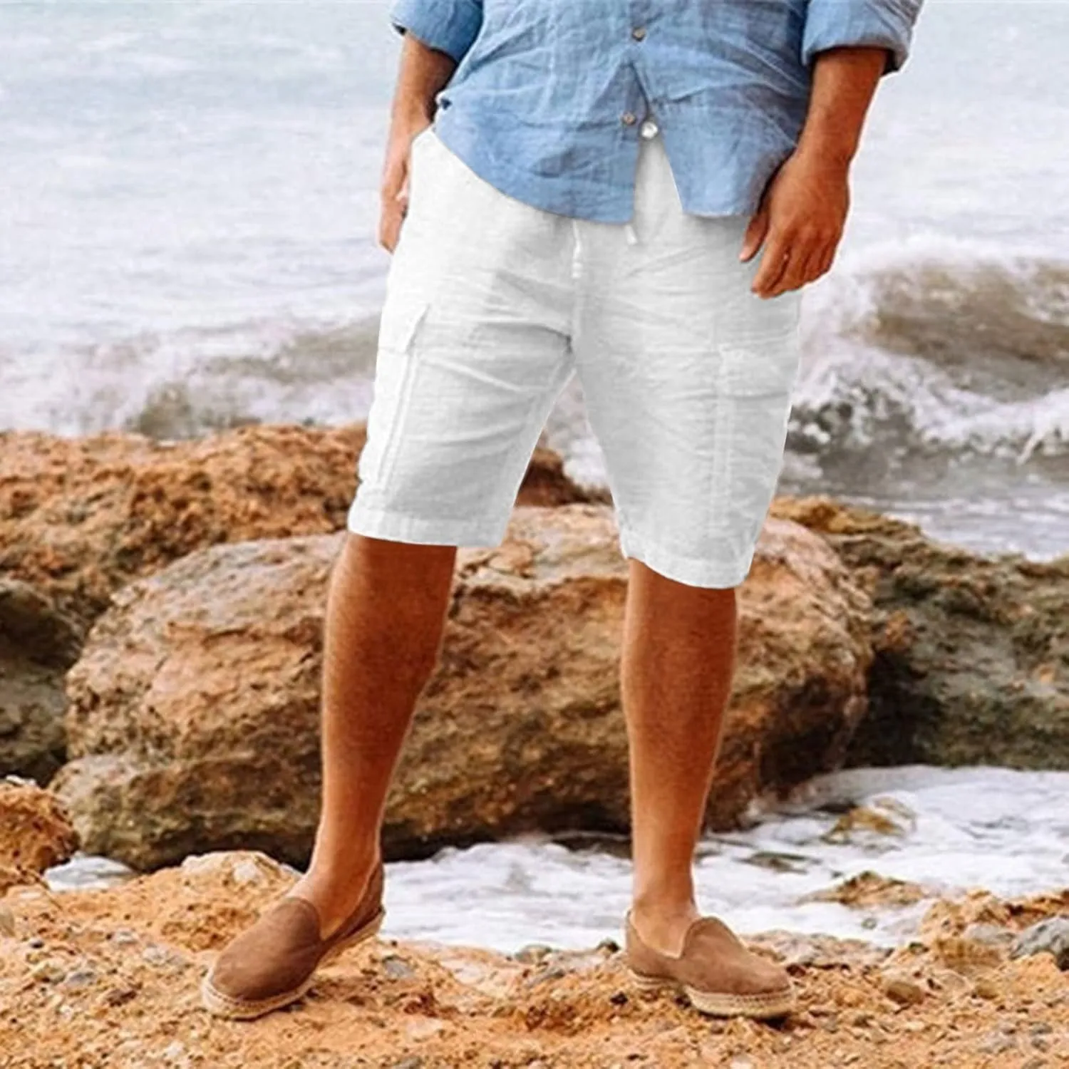 Mens Cotton Linen Shorts Casual Drawstring Elastic Waist Summer Shorts Lightweight Beach Travel Cargo Short Pockets