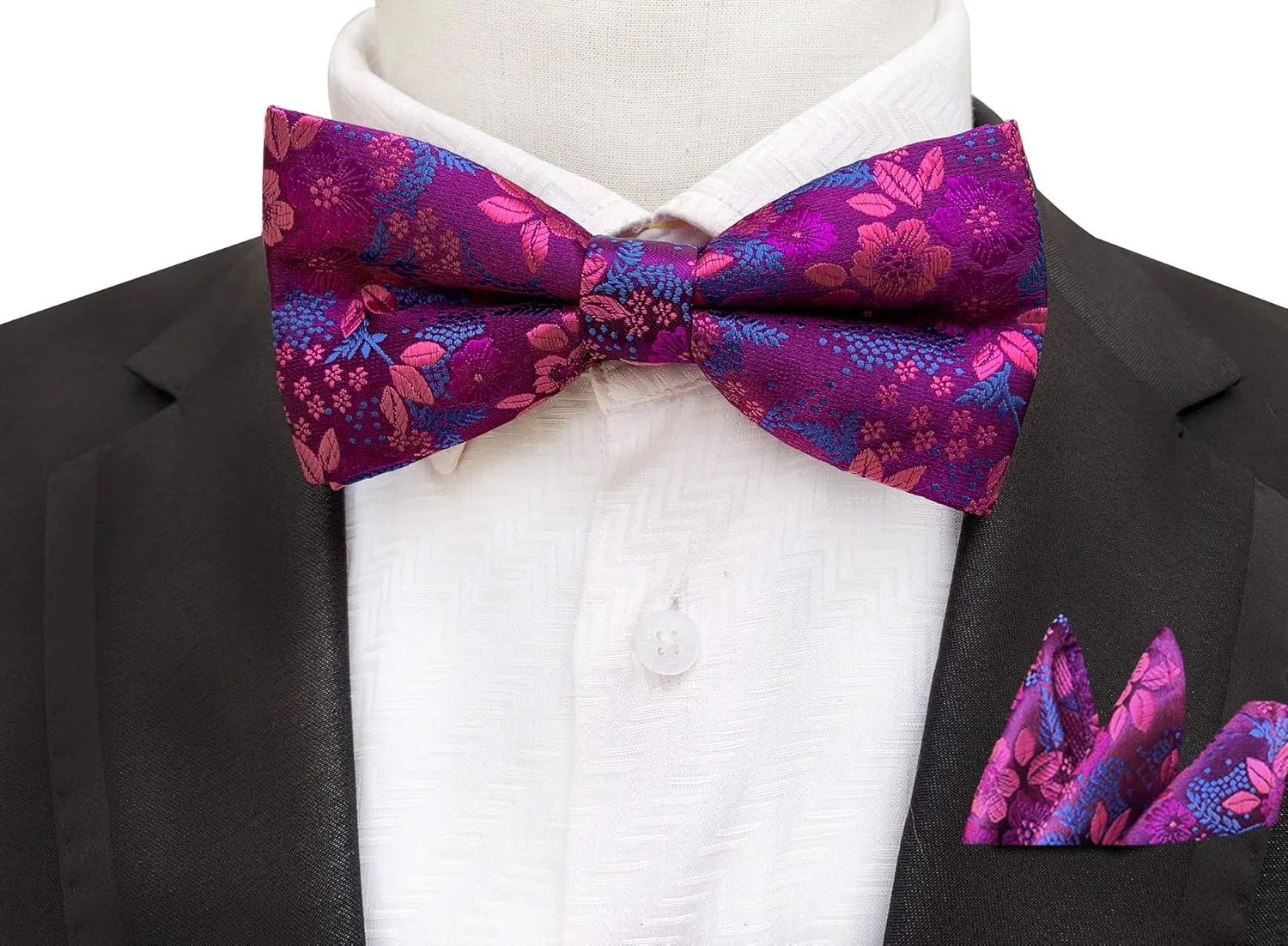 Mens Cravat Pre-Tied Bow Tie Set Luxury Floral Pattern Wedding Bowties with Pocket Square Set