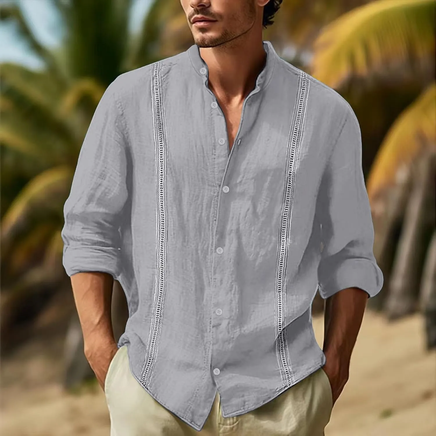 Men's Cuban Guayabera Shirts Button Down Casual Long Sleeve Shirt Band Collar Linen Beach Stylish Shirts 2025 Summer