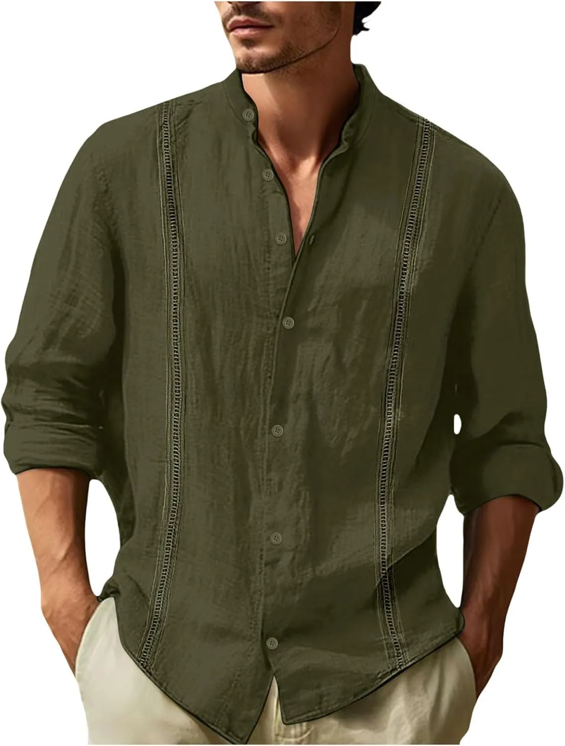 Men's Cuban Guayabera Shirts Button Down Casual Long Sleeve Shirt Band Collar Linen Beach Stylish Shirts 2025 Summer