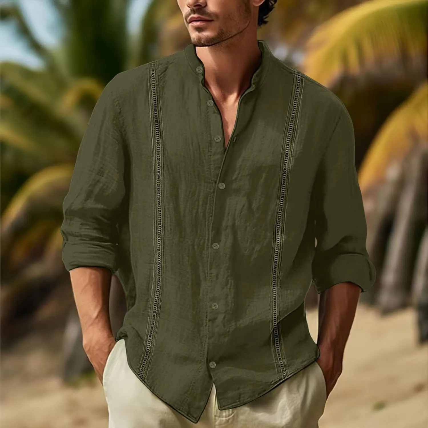 Men's Cuban Guayabera Shirts Button Down Casual Long Sleeve Shirt Band Collar Linen Beach Stylish Shirts 2025 Summer