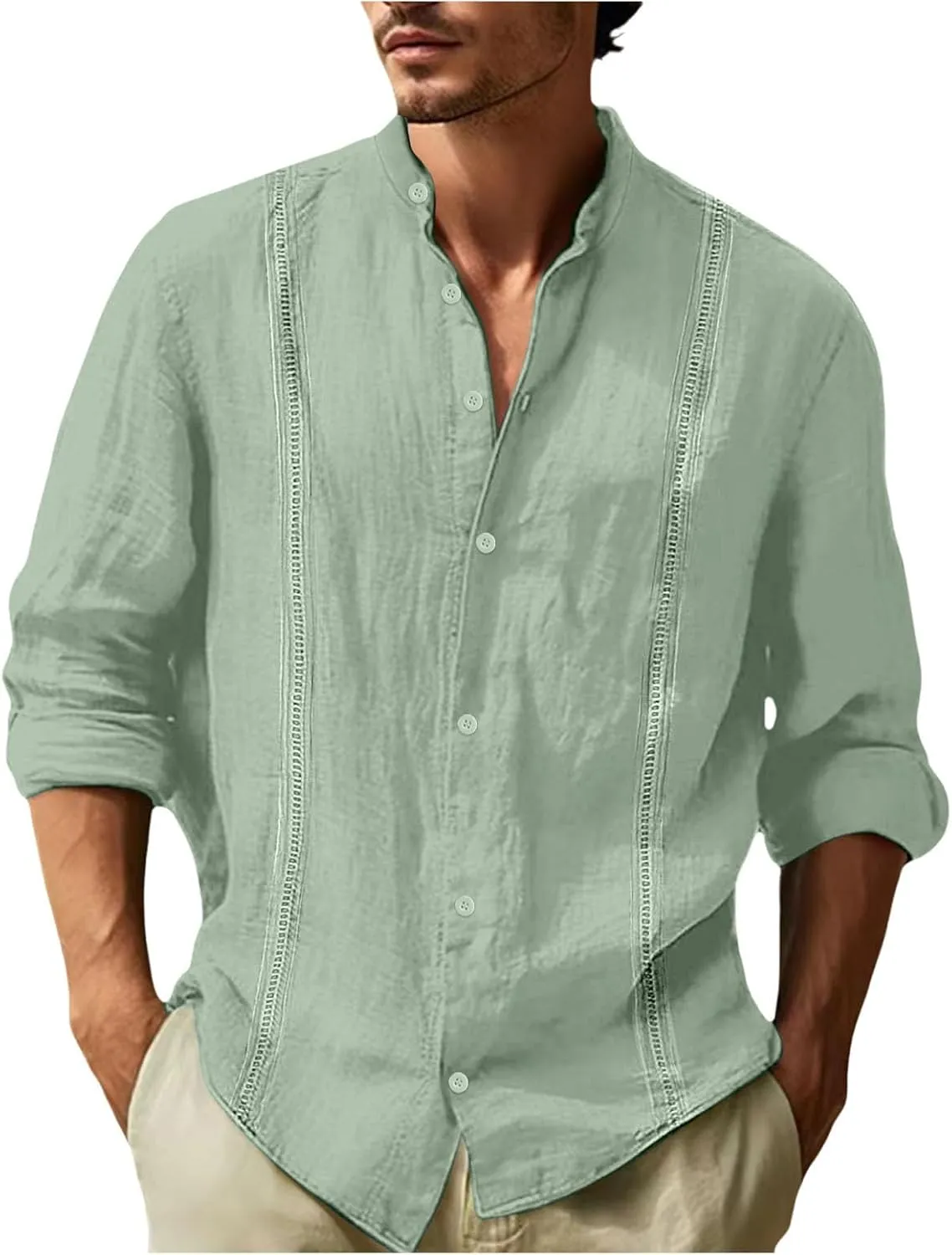 Men's Cuban Guayabera Shirts Button Down Casual Long Sleeve Shirt Band Collar Linen Beach Stylish Shirts 2025 Summer