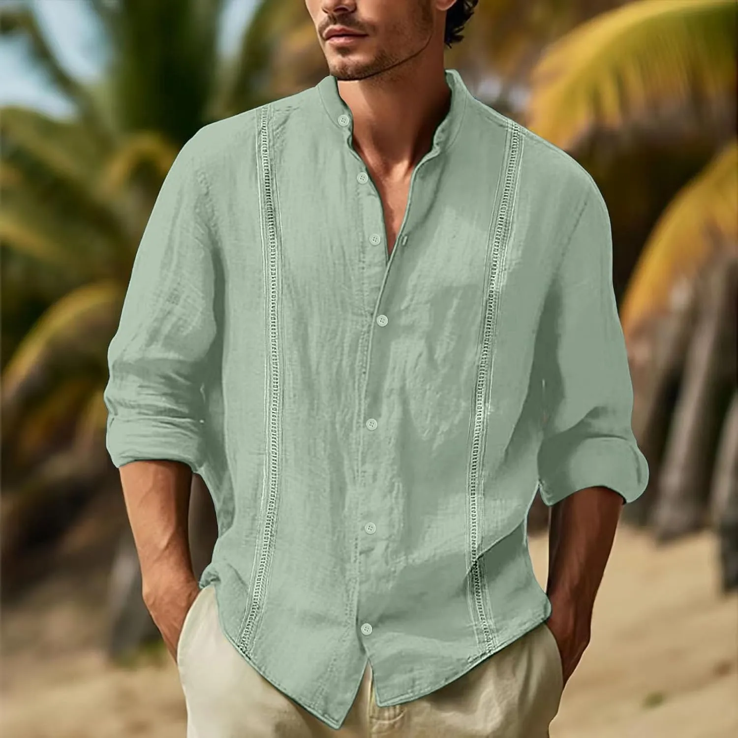 Men's Cuban Guayabera Shirts Button Down Casual Long Sleeve Shirt Band Collar Linen Beach Stylish Shirts 2025 Summer