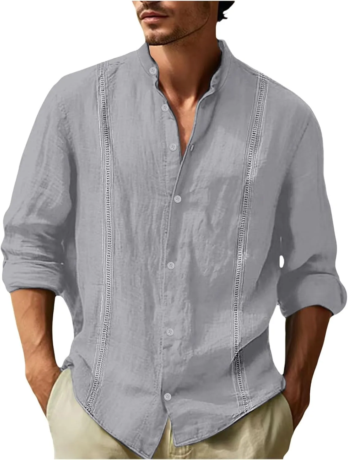 Men's Cuban Guayabera Shirts Button Down Casual Long Sleeve Shirt Band Collar Linen Beach Stylish Shirts 2025 Summer