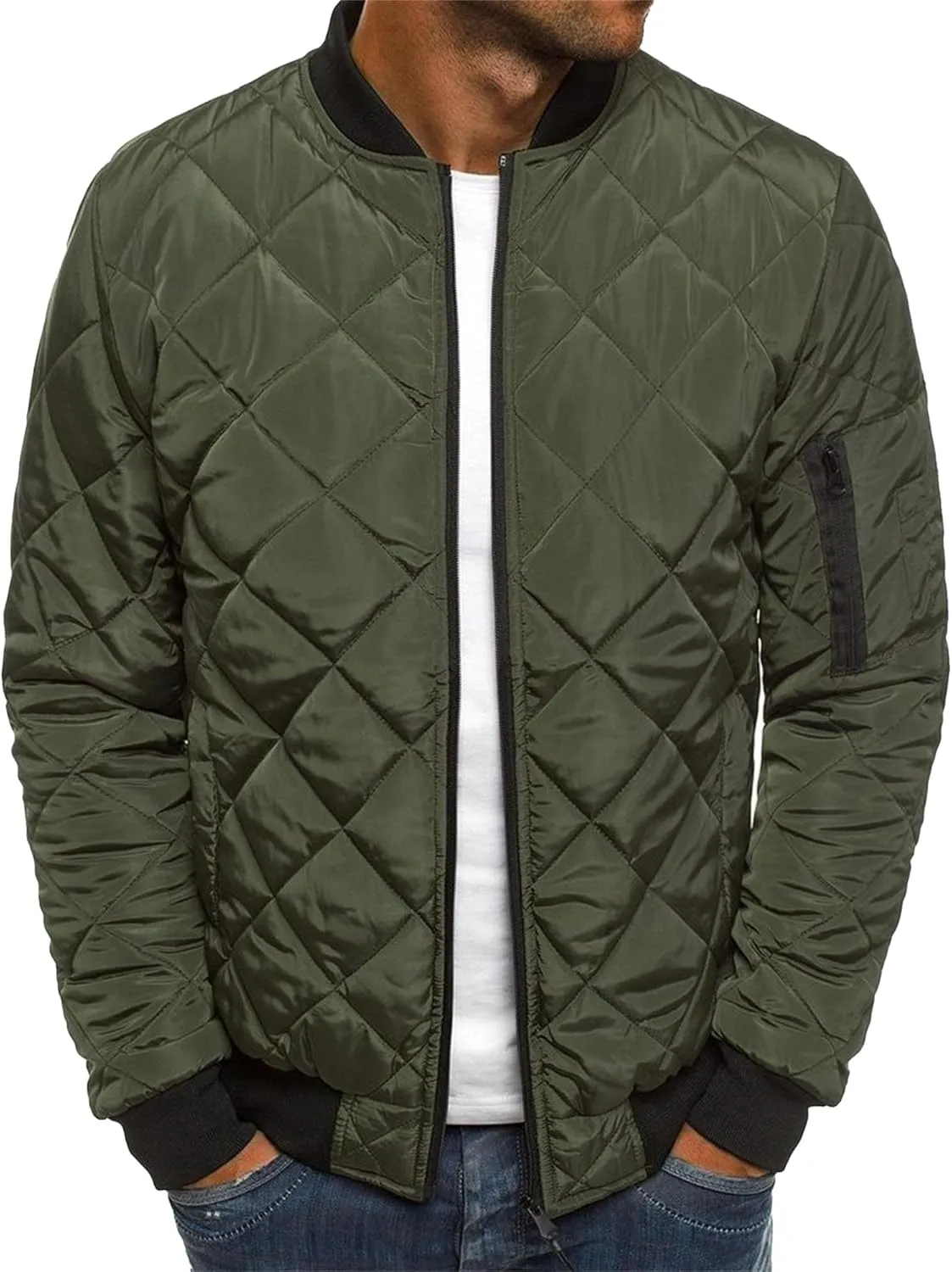 Men's Diamond Bomber Jacket Solid Color Quilted Varsity Coats Lightweight Rib Varsity Outwear Padded Coats
