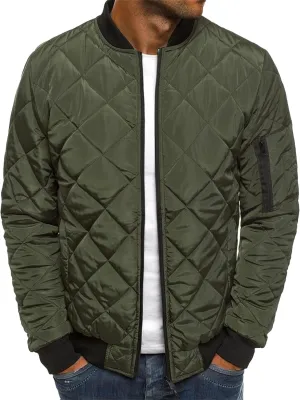 Men's Diamond Bomber Jacket Solid Color Quilted Varsity Coats Lightweight Rib Varsity Outwear Padded Coats
