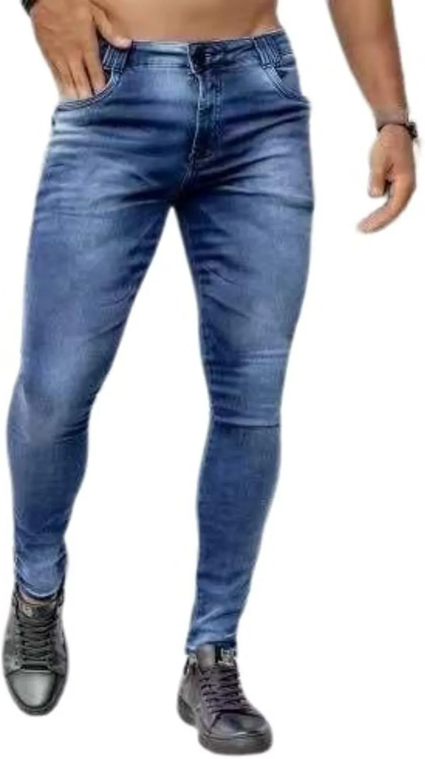 Mens Fashion Vintage Denim Pants Slim Stretch Jeans High Waist Elastic Feet Trousers Casual Denim Cargo Pants