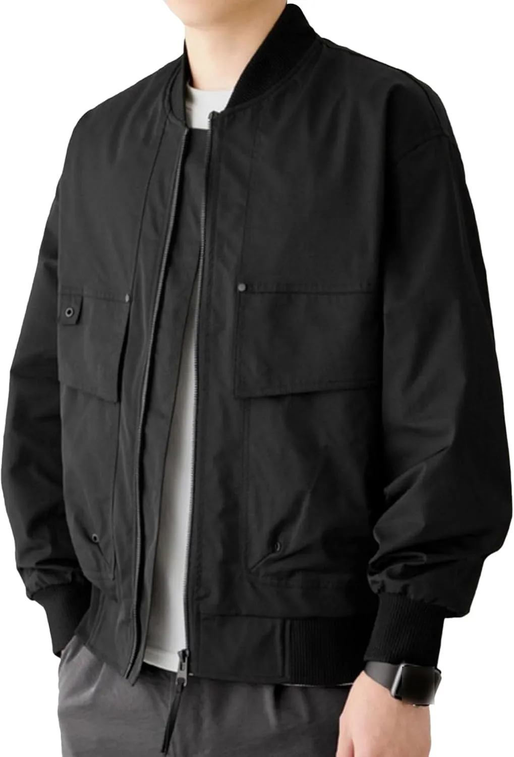 Men's Flap Pockets Retro Baseball Jacket Mock Neck Zip Up Casual Bomber Jacket Lightweight Stylish Cargo Jacket