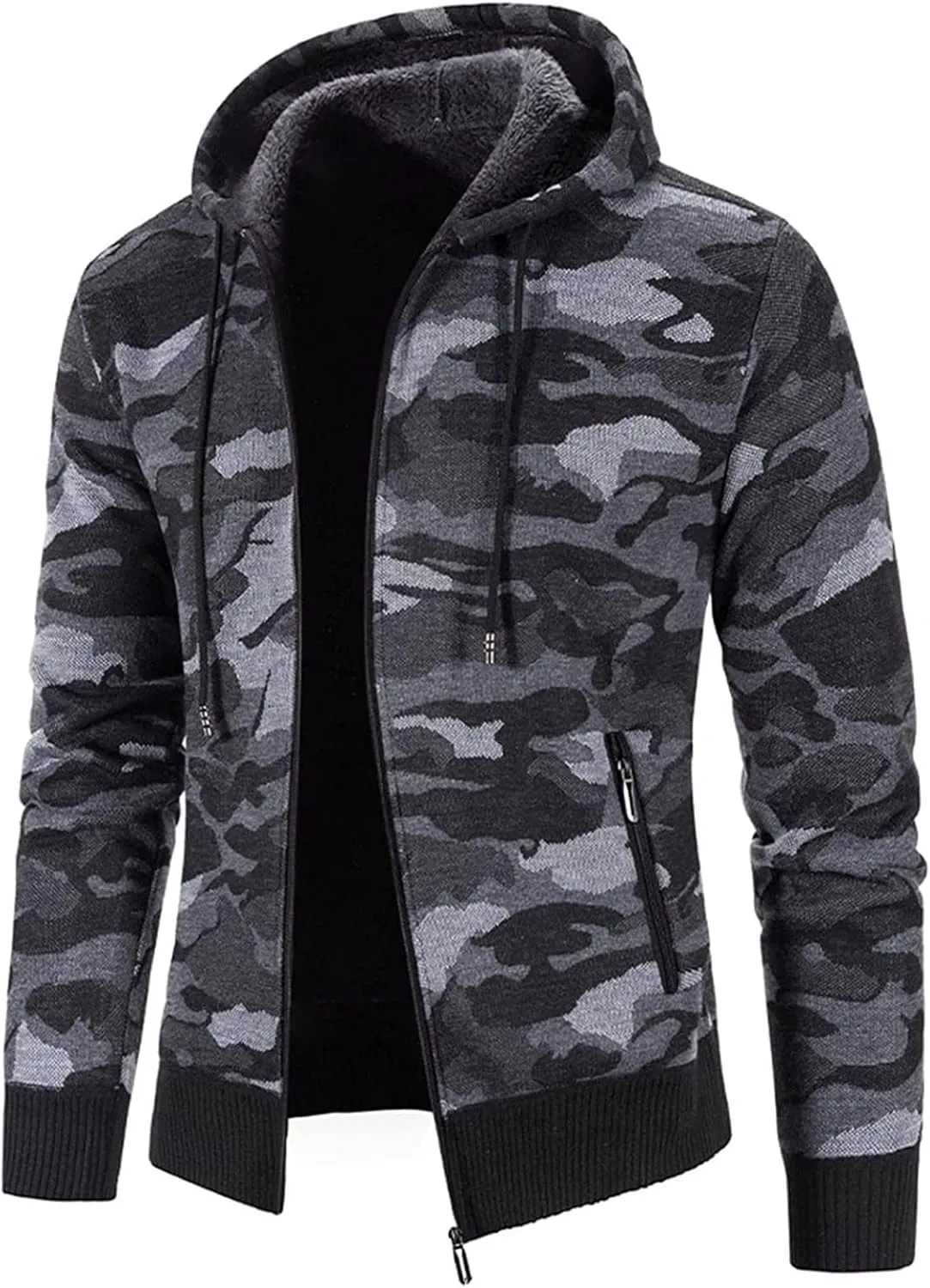 Men's Fleece Jacket Fuzzy Fleece Jacket for Mens Fashion Long Sleeve Warm Camouflage Printed Hooded Jacket Top