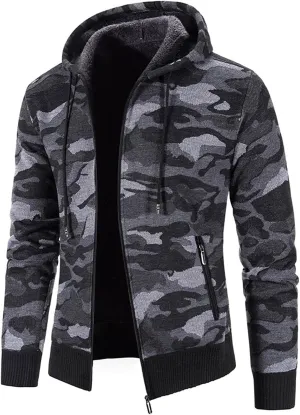 Men's Fleece Jacket Fuzzy Fleece Jacket for Mens Fashion Long Sleeve Warm Camouflage Printed Hooded Jacket Top