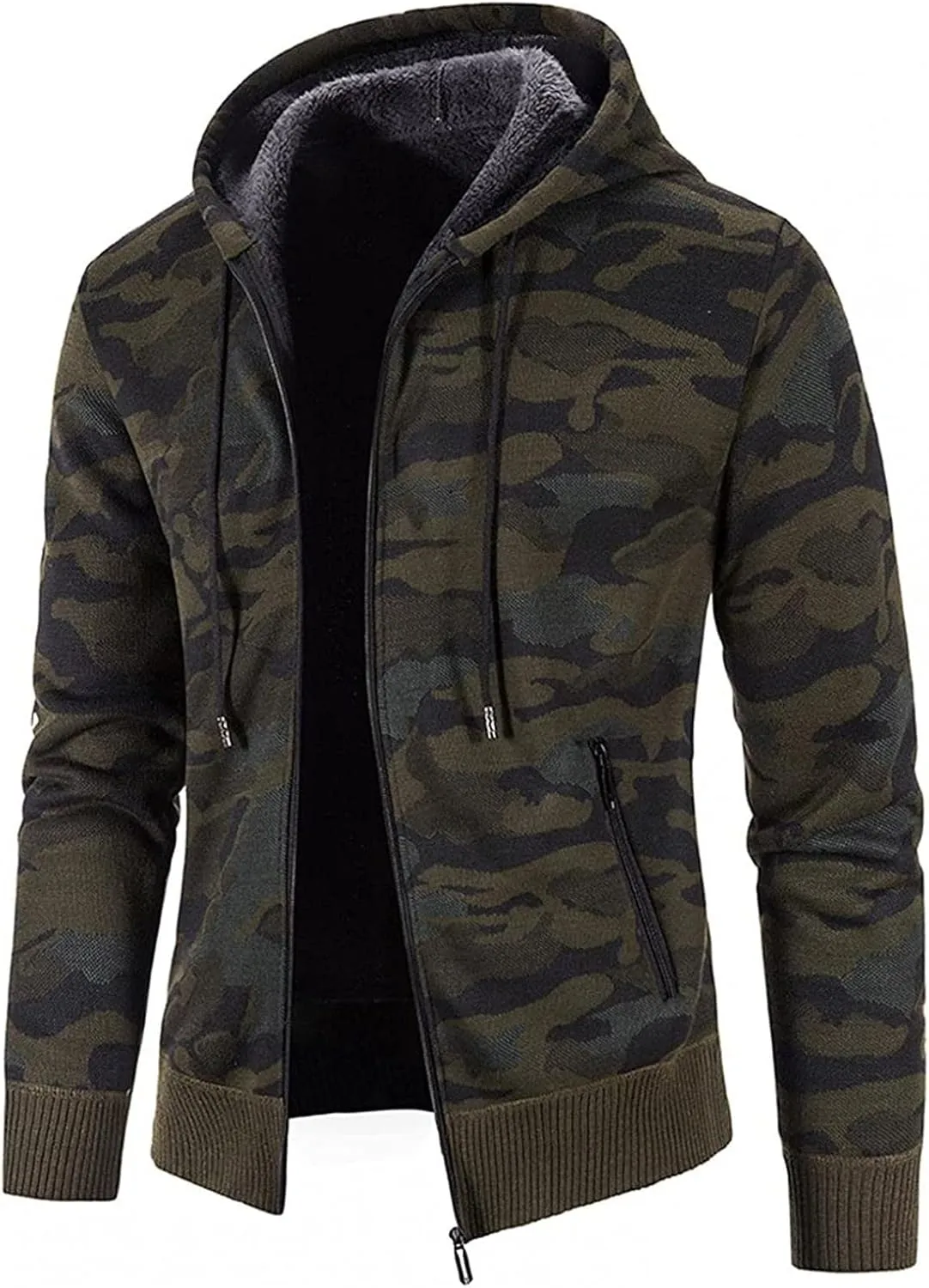 Men's Fleece Jacket Fuzzy Fleece Jacket for Mens Fashion Long Sleeve Warm Camouflage Printed Hooded Jacket Top