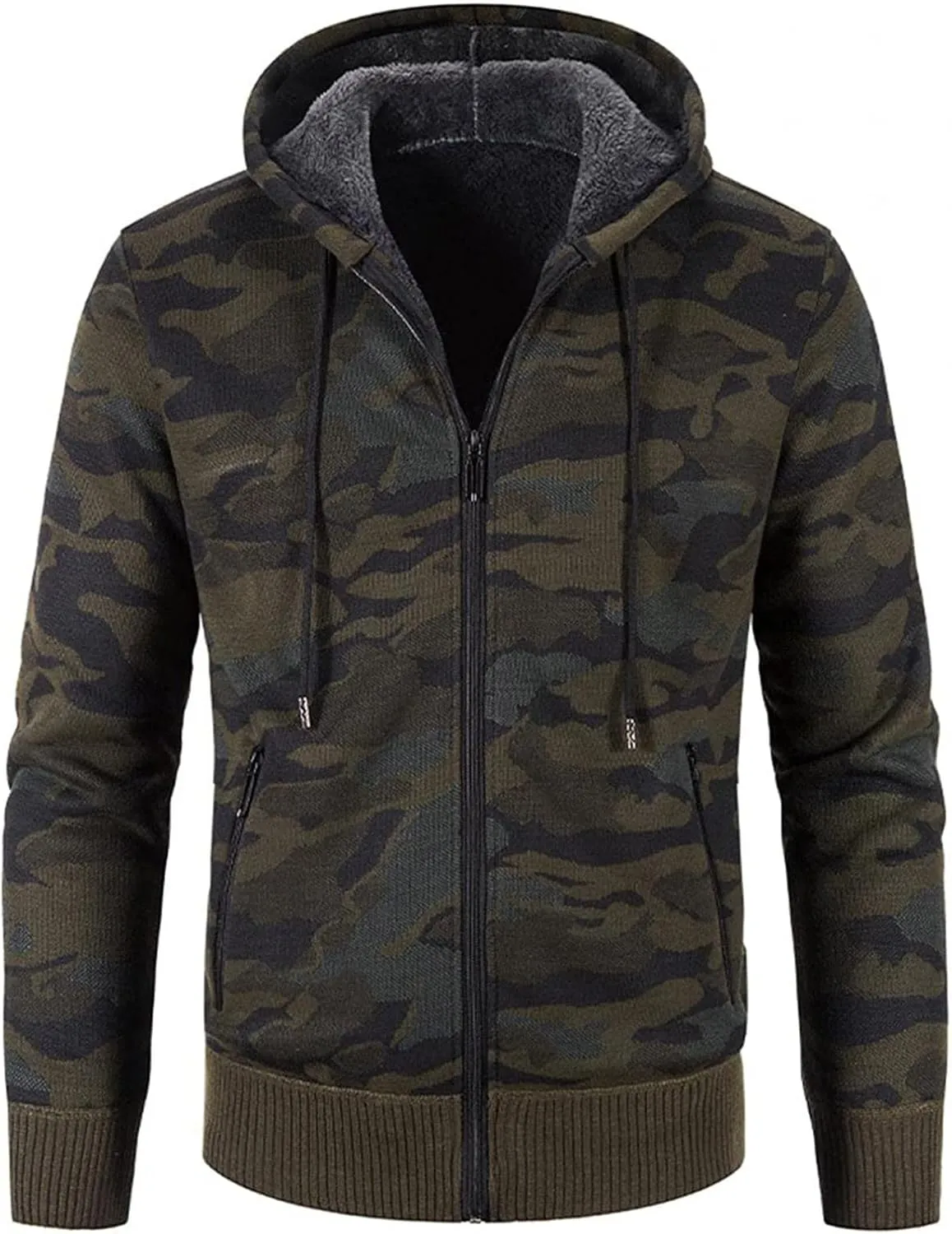 Men's Fleece Jacket Fuzzy Fleece Jacket for Mens Fashion Long Sleeve Warm Camouflage Printed Hooded Jacket Top