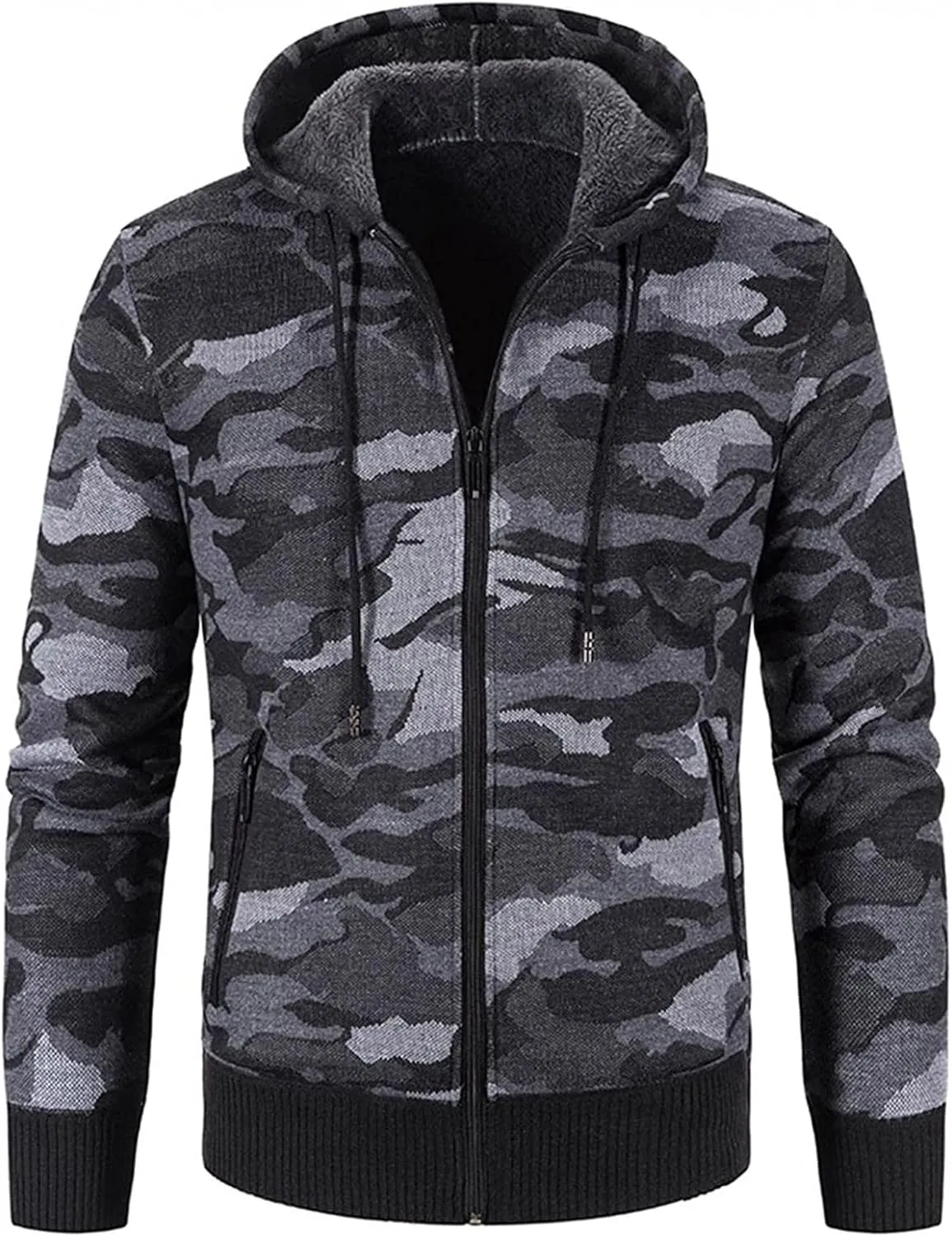 Men's Fleece Jacket Fuzzy Fleece Jacket for Mens Fashion Long Sleeve Warm Camouflage Printed Hooded Jacket Top