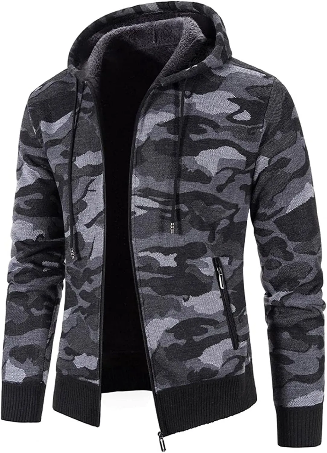Men's Fleece Jacket Fuzzy Fleece Jacket for Mens Fashion Long Sleeve Warm Camouflage Printed Hooded Jacket Top
