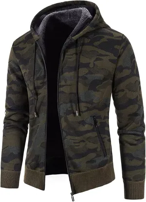 Men's Fleece Jacket Fuzzy Fleece Jacket for Mens Fashion Long Sleeve Warm Camouflage Printed Hooded Jacket Top