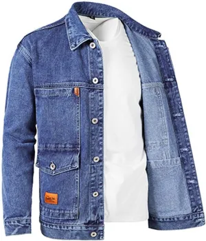 Men's Jean Jacket - Lapel Collar Button Down Multi-Pocket Washed Distressed Denim Trucker Coat - Motorcycle Outerwear Rain Jacket - Black
