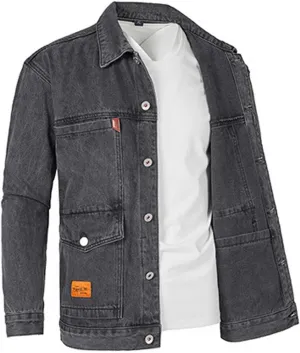 Men's Jean Jacket - Lapel Collar Button Down Multi-Pocket Washed Distressed Denim Trucker Coat