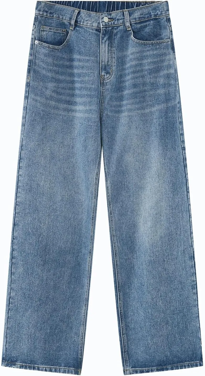 Mens Jeans Elastic Waist Jeans Casual Drawstring Denim Pants Trousers Baggy Jeans Y2k Hip Hop Jeans Loose Fit Denim Jeans