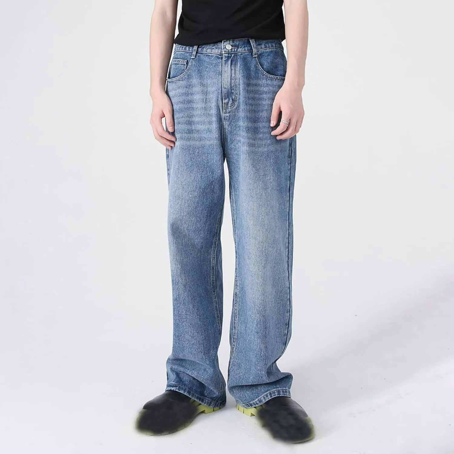 Mens Jeans Elastic Waist Jeans Casual Drawstring Denim Pants Trousers Baggy Jeans Y2k Hip Hop Jeans Loose Fit Denim Jeans