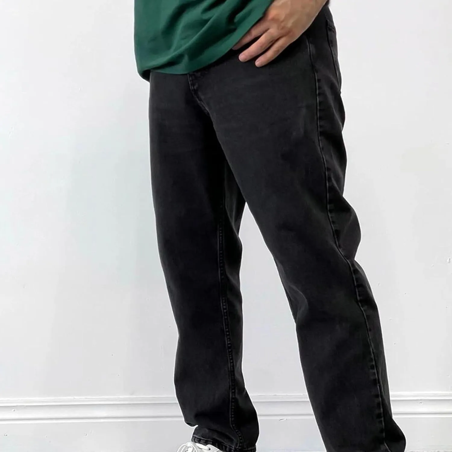 Mens Jeans Relaxed Fit Straight Leg Denim Pants Baggy Casual Solid Color Trousers Washed Distressed Jeans with Pockets