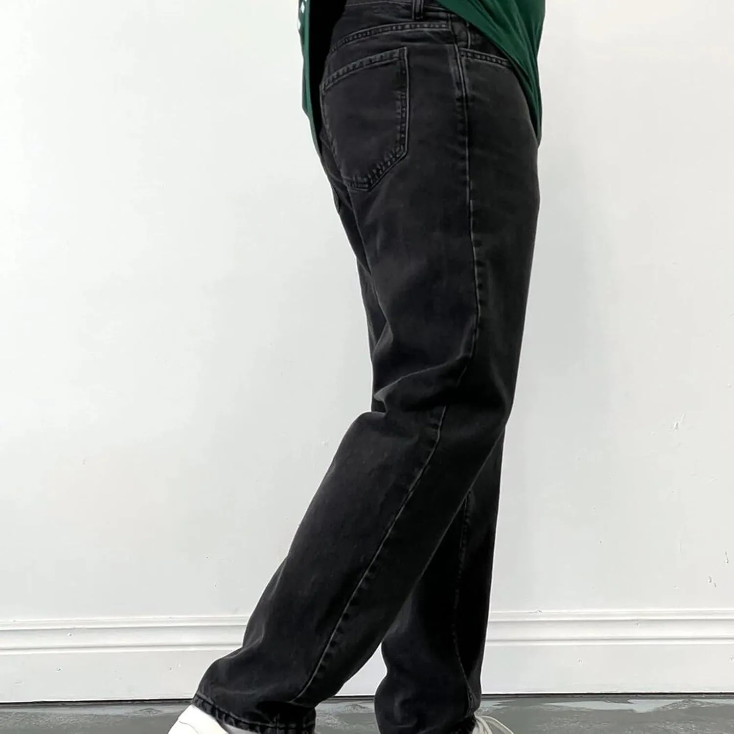 Mens Jeans Relaxed Fit Straight Leg Denim Pants Baggy Casual Solid Color Trousers Washed Distressed Jeans with Pockets
