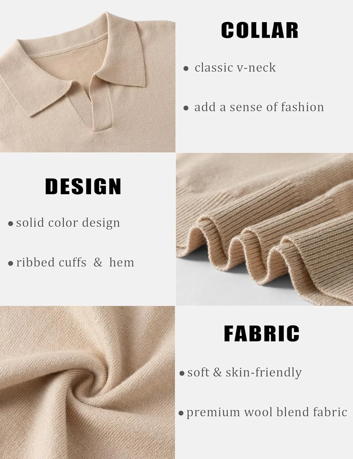 Mens Knit Polo Shirts Casual V Neck Slim Fit Polo Shirts Long Sleeve Wool Knit Pullover Sweater