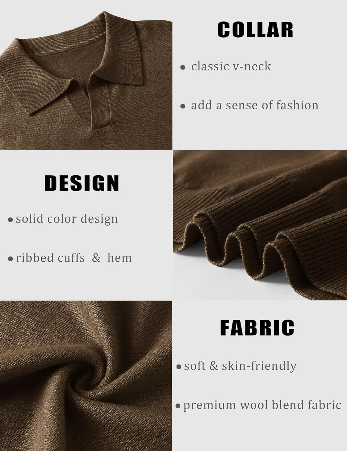 Mens Knit Polo Shirts Casual V Neck Slim Fit Polo Shirts Long Sleeve Wool Knit Pullover Sweater