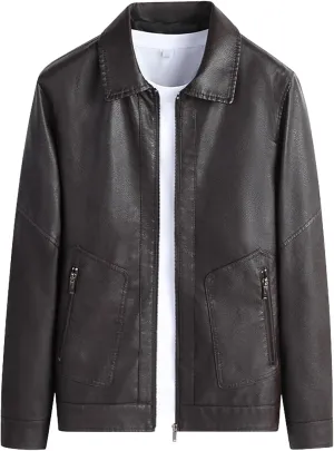 Men's Leather Classic Bomber Jacket Zip Up Lapel Slim Moto Biker Coats Business PU Motorcycle Jacket