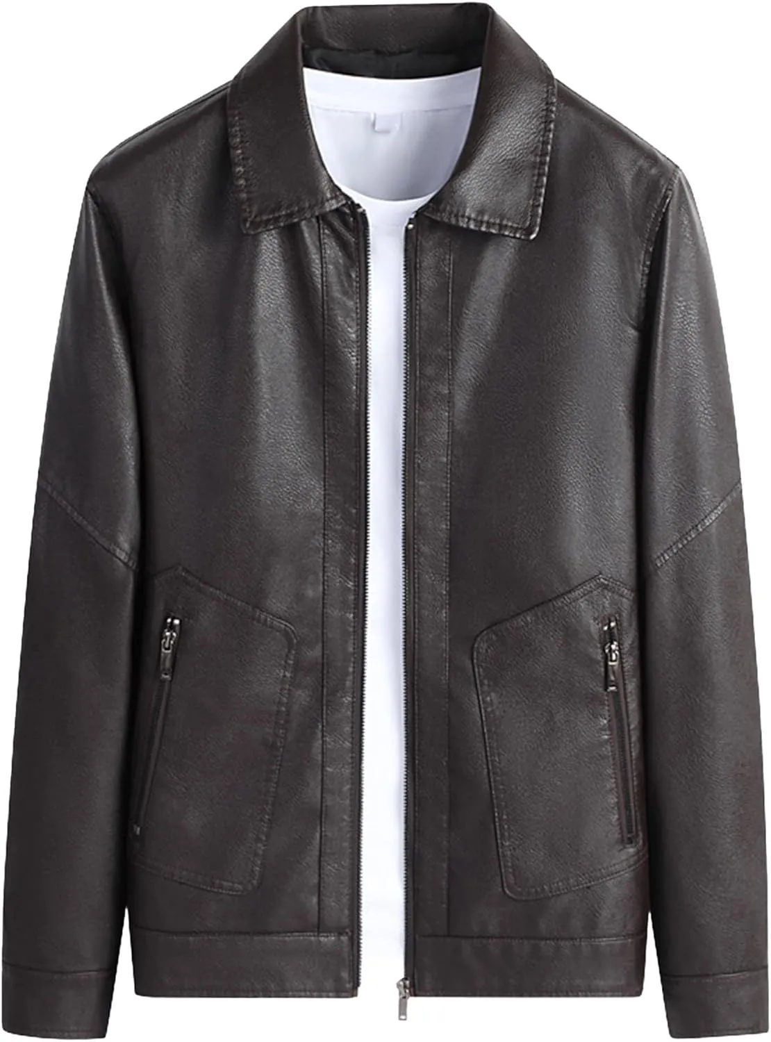Men's Leather Classic Bomber Jacket Zip Up Lapel Slim Moto Biker Coats Business PU Motorcycle Jacket