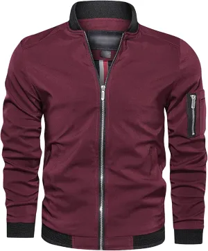 Men's Lightweight Casual Bomber Jackets Mock Neck Zip Up Baseball Varsity Coat Windproof Sportwear Cotton Jacket