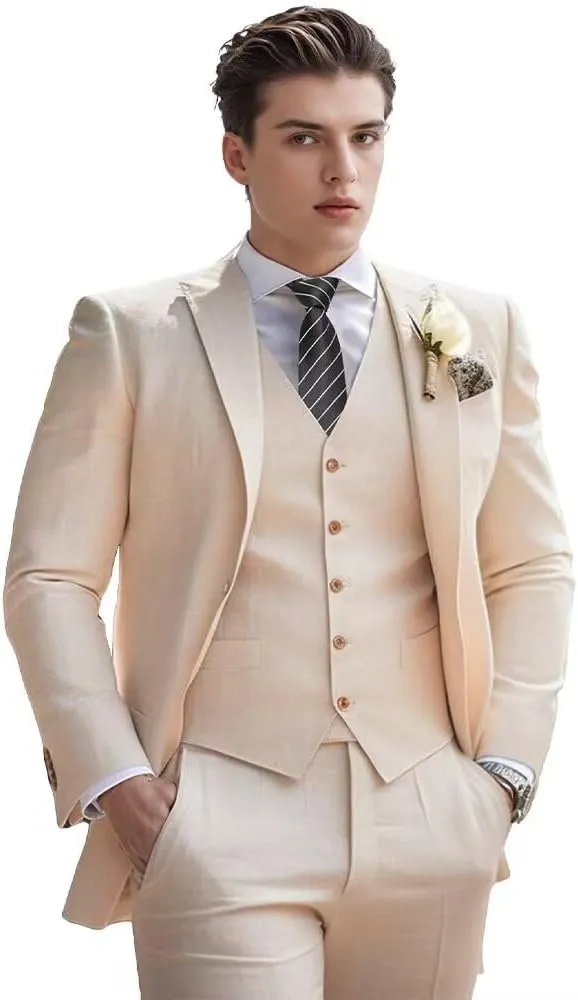 Men's Linen Suit 3 Piece Summer Slim Fit Retro Blazer Suits Set Beach Wedding Party Groomsmen Prom Jacket Vest Pants