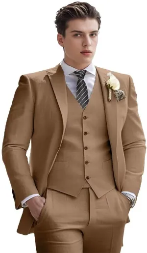 Men's Linen Suit 3 Piece Summer Slim Fit Retro Blazer Suits Set Beach Wedding Party Groomsmen Prom Jacket Vest Pants