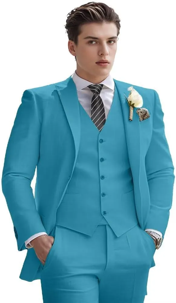 Men's Linen Suit 3 Piece Summer Slim Fit Retro Blazer Suits Set Beach Wedding Party Groomsmen Prom Jacket Vest Pants