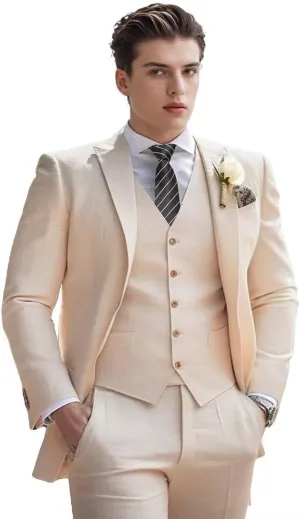 Men's Linen Suit 3 Piece Summer Slim Fit Retro Blazer Suits Set Beach Wedding Party Groomsmen Prom Jacket Vest Pants