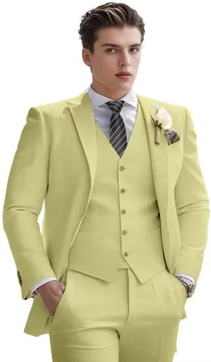 Men's Linen Suit 3 Piece Summer Slim Fit Retro Blazer Suits Set Beach Wedding Party Groomsmen Prom Jacket Vest Pants